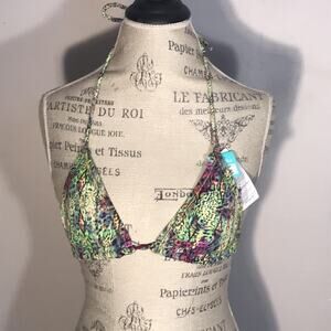 NEW Malai swimwear neon green tribal + animal print triangle bikini top size M